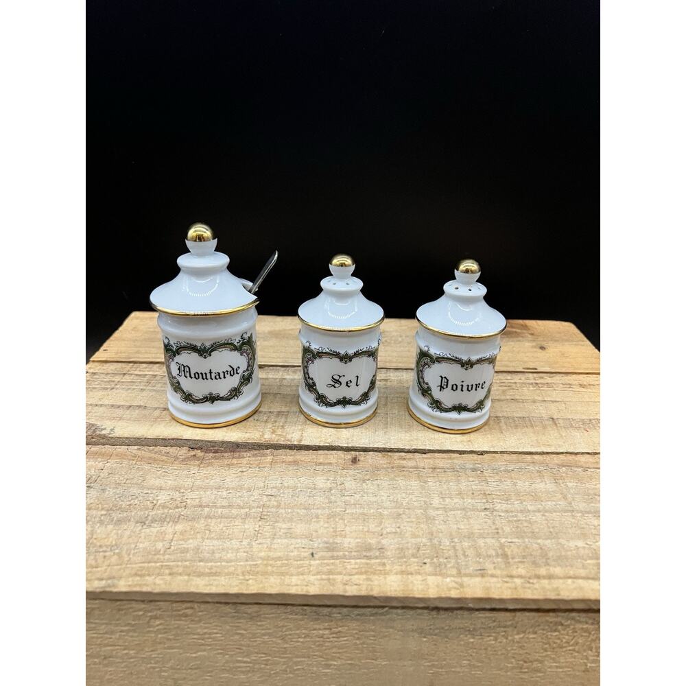Vintage Porcelain Limoges France Salt, Pepper And Mustard With Lid And Spoon